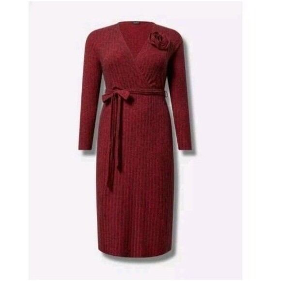 torrid Dresses & Skirts - Torrid Midi Surplice Dress Size 1x 14-16 Red Knit Fabric Ribbed V Neckline Wrap